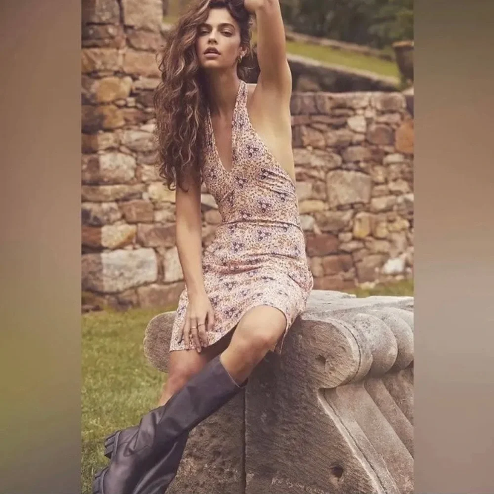 Free People Floral Isla Halter Open Back Mini Dress